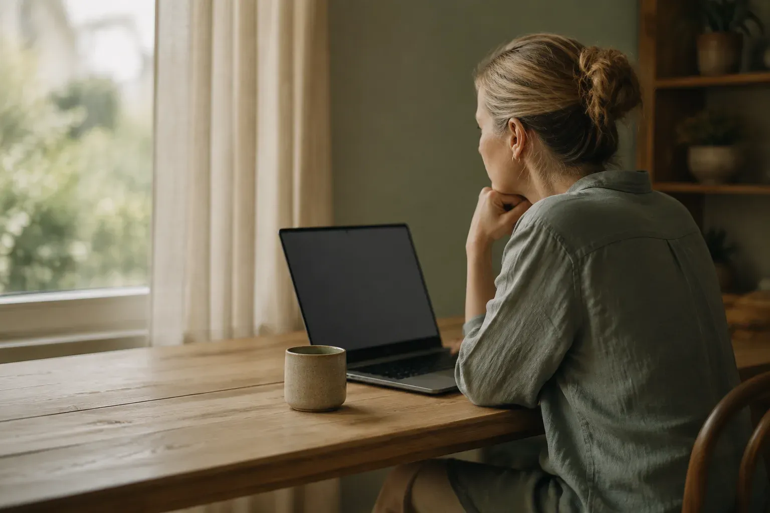 A woman pauses at her laptop and looks through the window at home