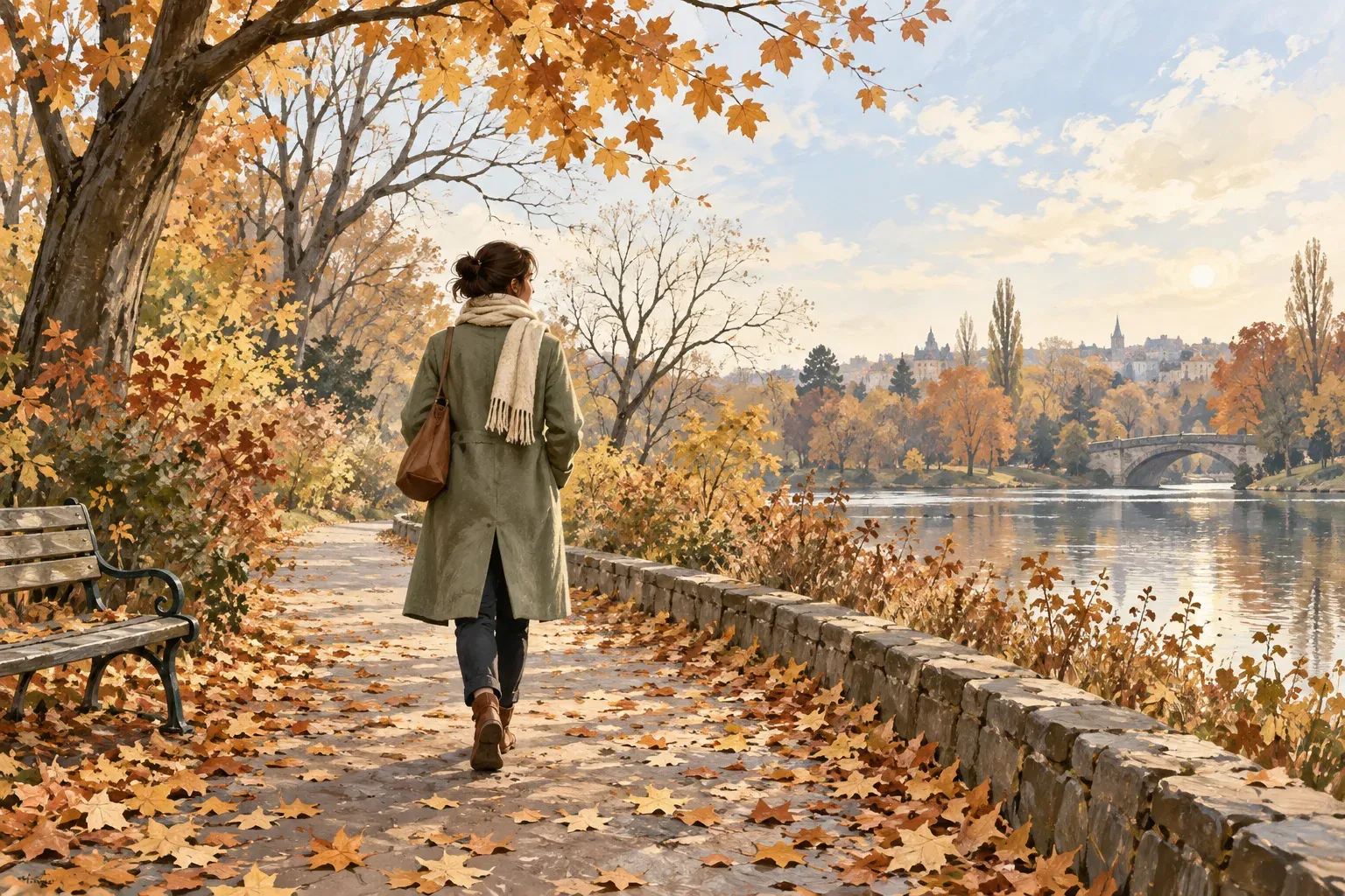 Iliustracijoje žmogus žaliu paltu eina rudens lapais nuklotu taku prie upės.