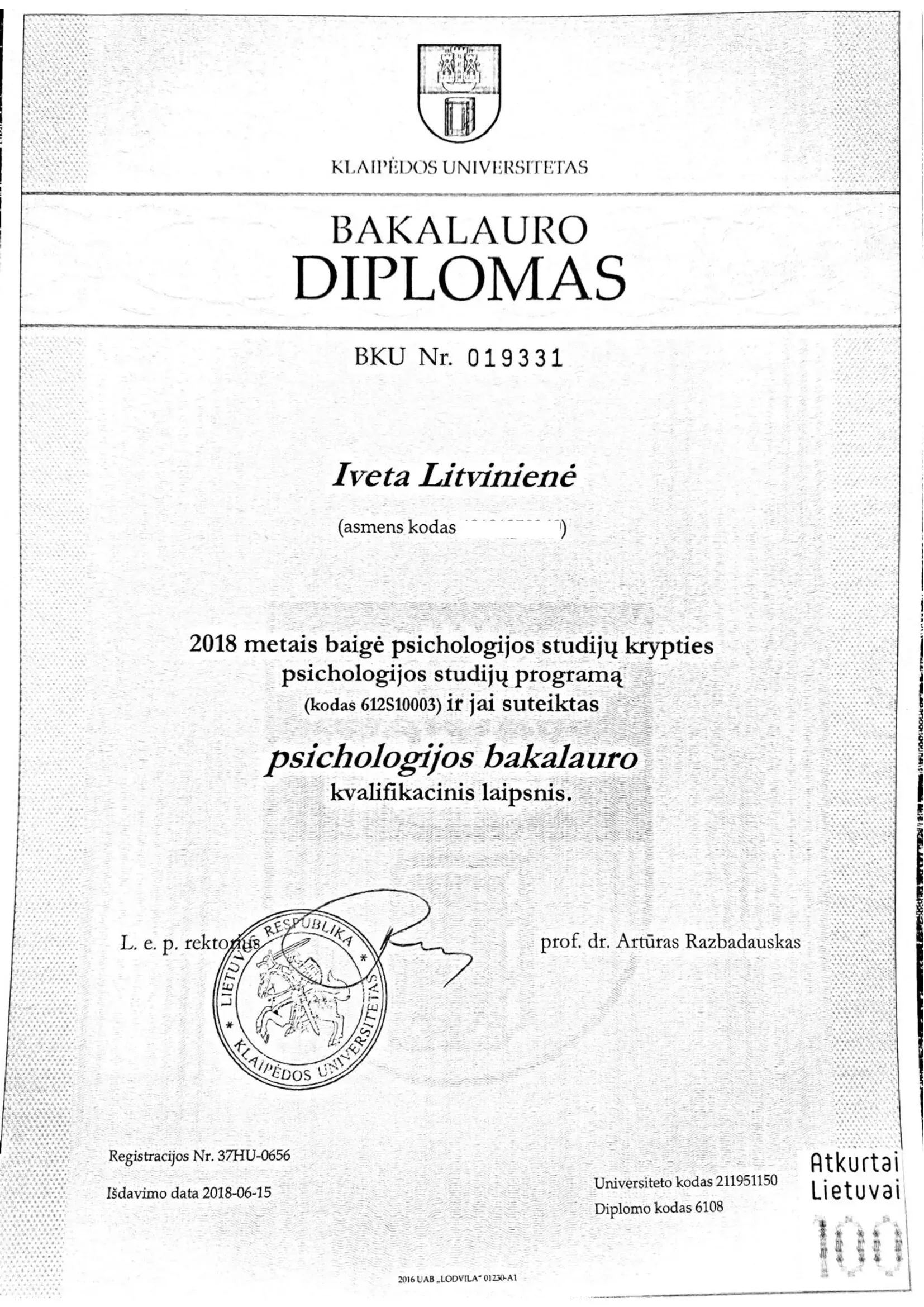Psichologijos bakalauro diplomas