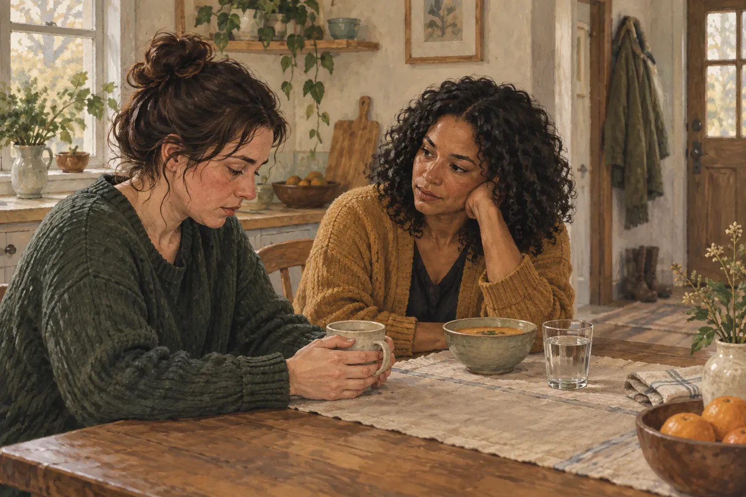 One person listens to another at a kitchen table with soup and a glass of water.