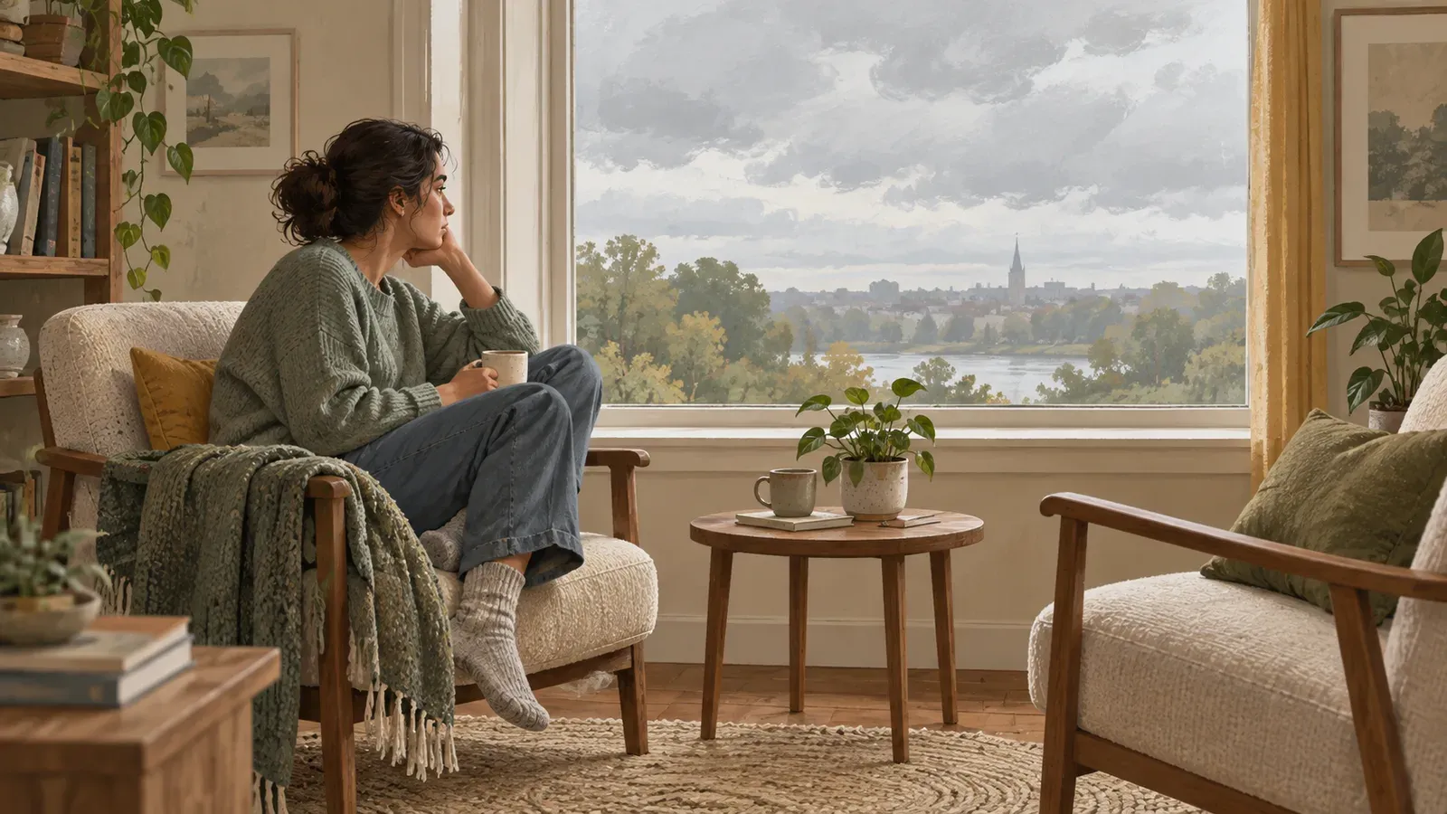A person holding a mug sits beside a window, with an empty chair and a plant nearby.