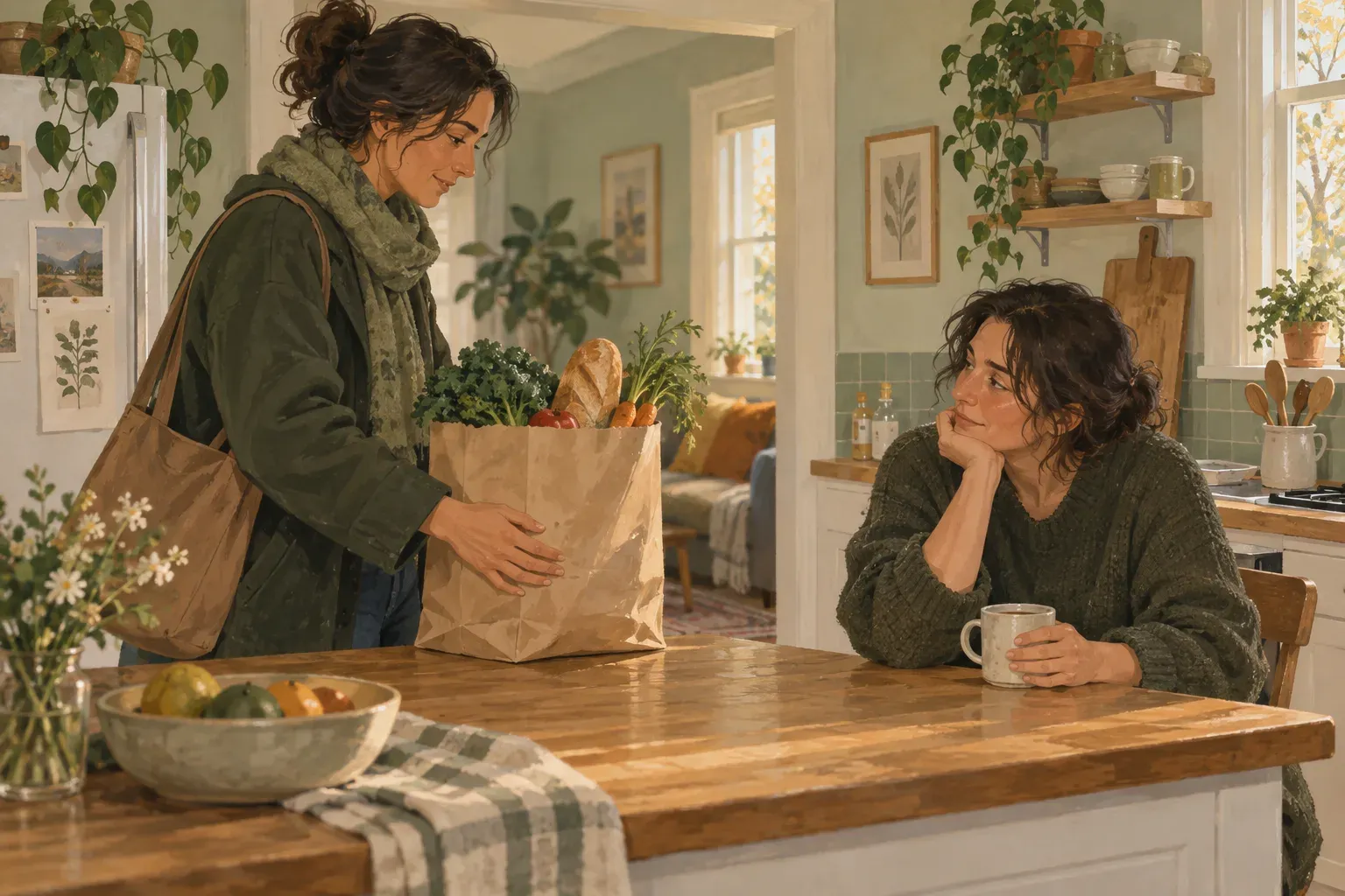 A visitor bringing groceries into a kitchen while a friend sits at the table with a mug.