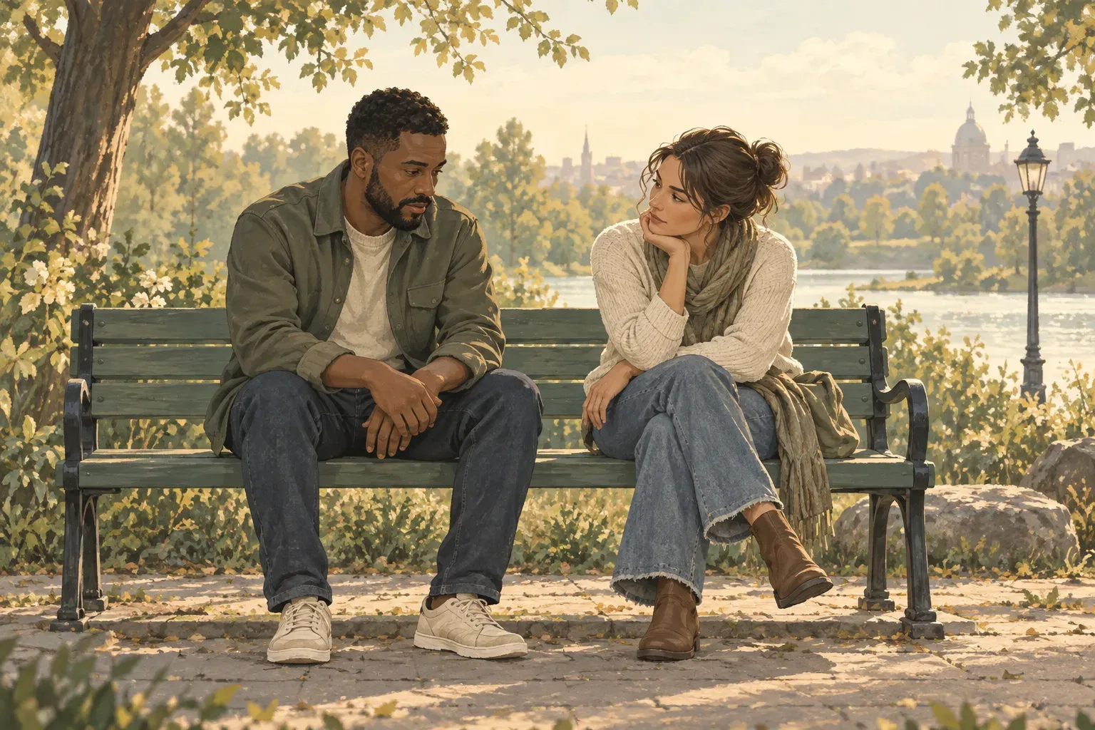 Two adults sitting on a park bench, one listening closely to the other.