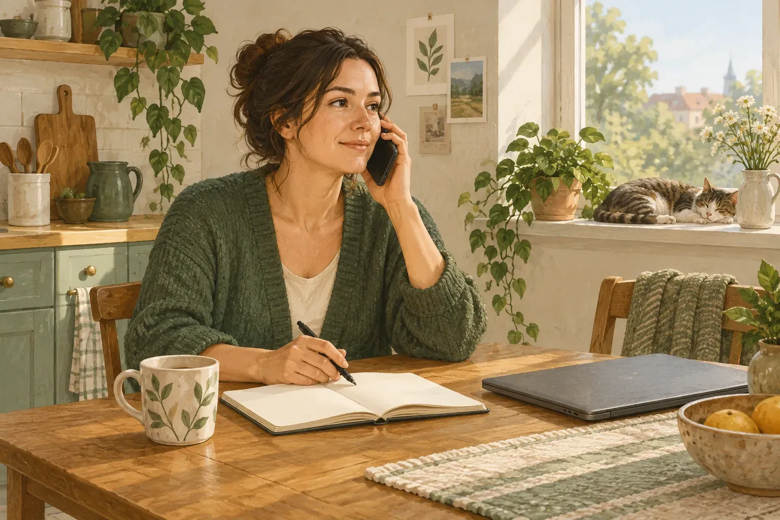 A person makes a phone call at a kitchen table beside an open notebook and pen.