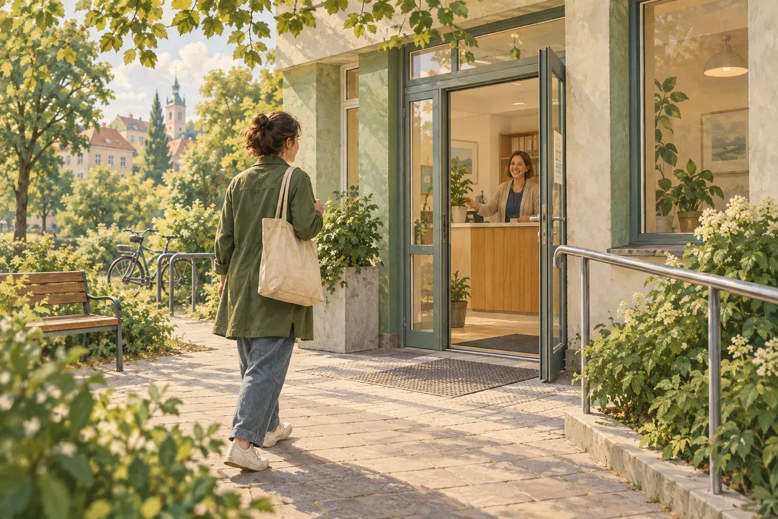 A person carrying a canvas bag approaches the open entrance of a community health centre.