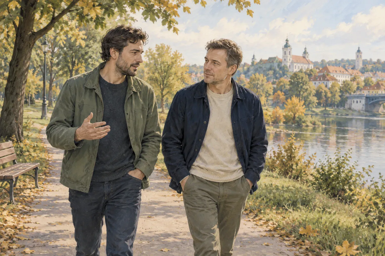 Two adult friends walk and talk on a quiet path through a park.