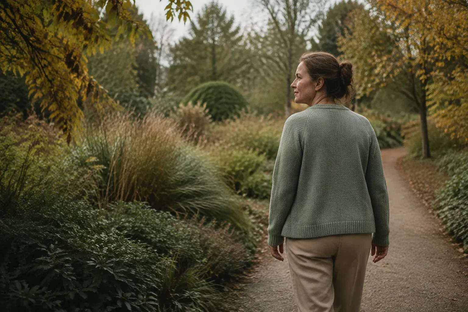 A woman in a green jumper walks quietly along a path in an autumn garden
