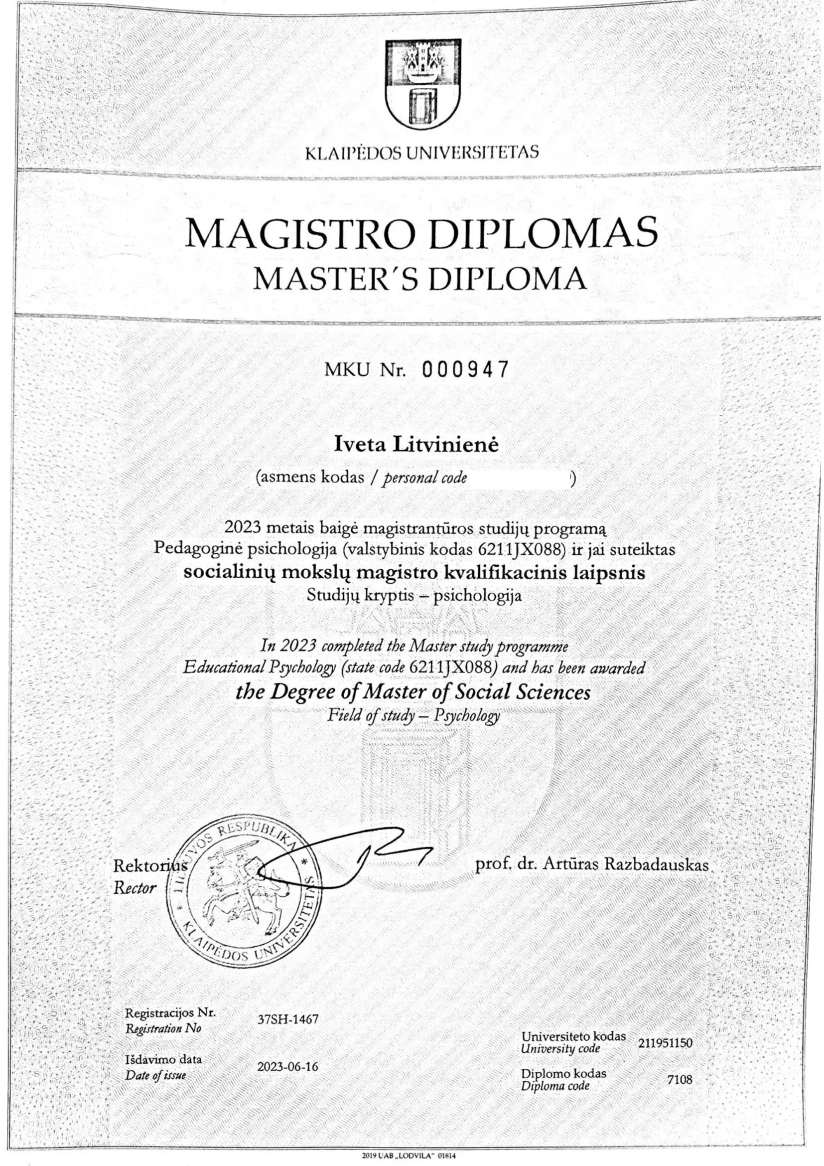 Socialinių mokslų magistro diplomas (psichologija)