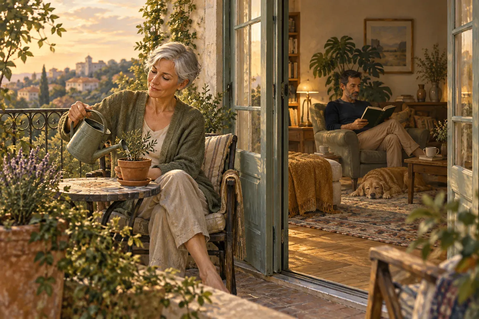 One person waters a plant on a balcony while another reads indoors through an open doorway.