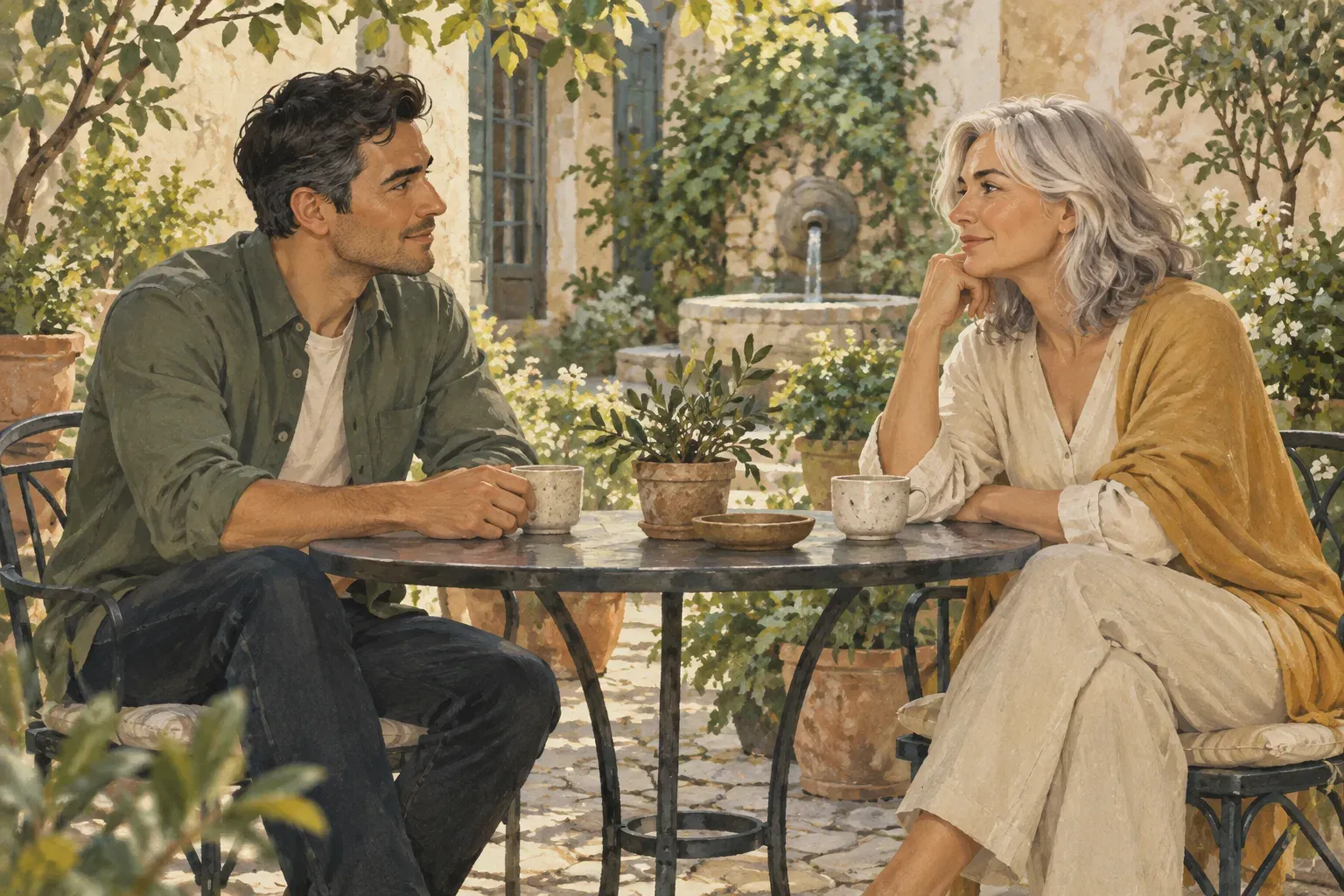Two people sit opposite each other in a leafy courtyard and have a calm conversation.