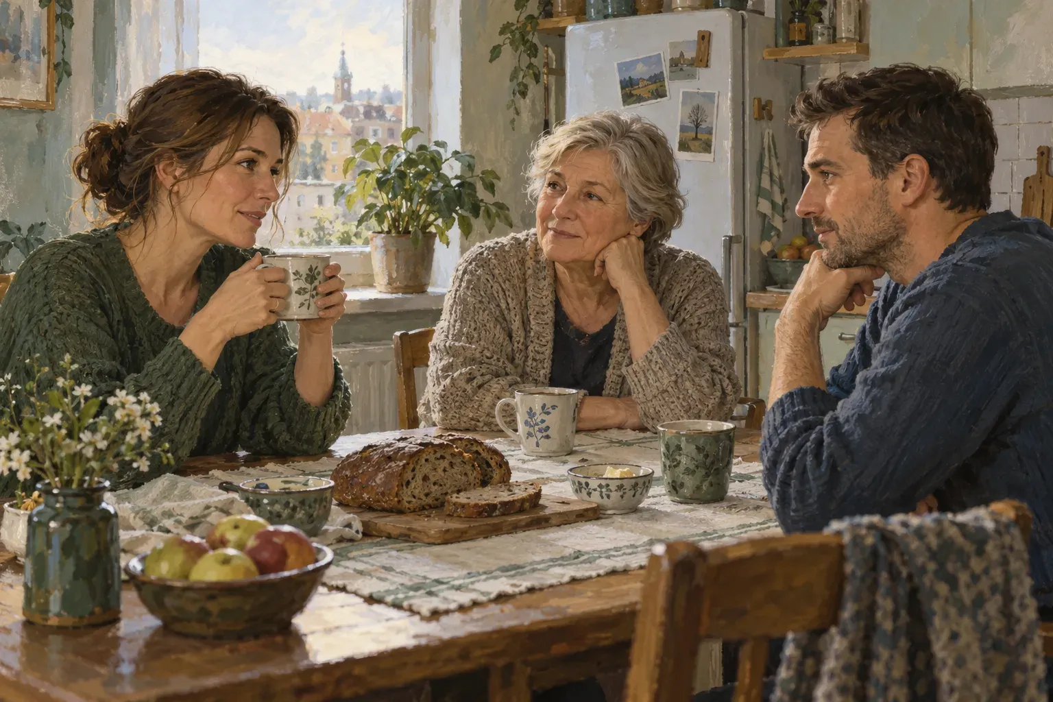 Adult family members sit around a kitchen table with cups of tea.