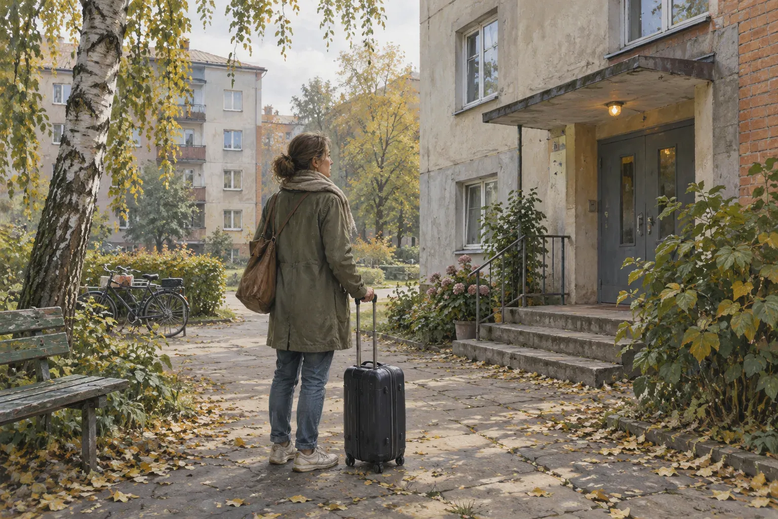 An adult with a small suitcase stands in a residential courtyard.