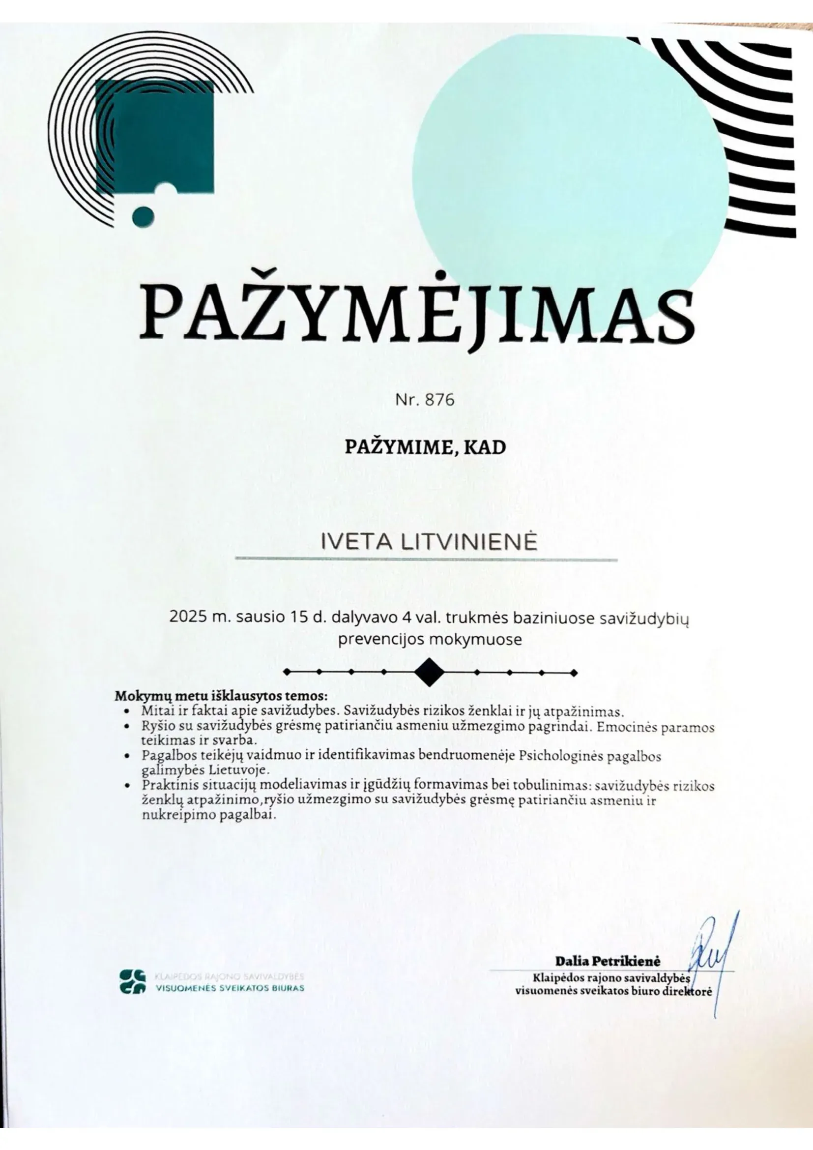 Baziniai savižudybių prevencijos mokymai