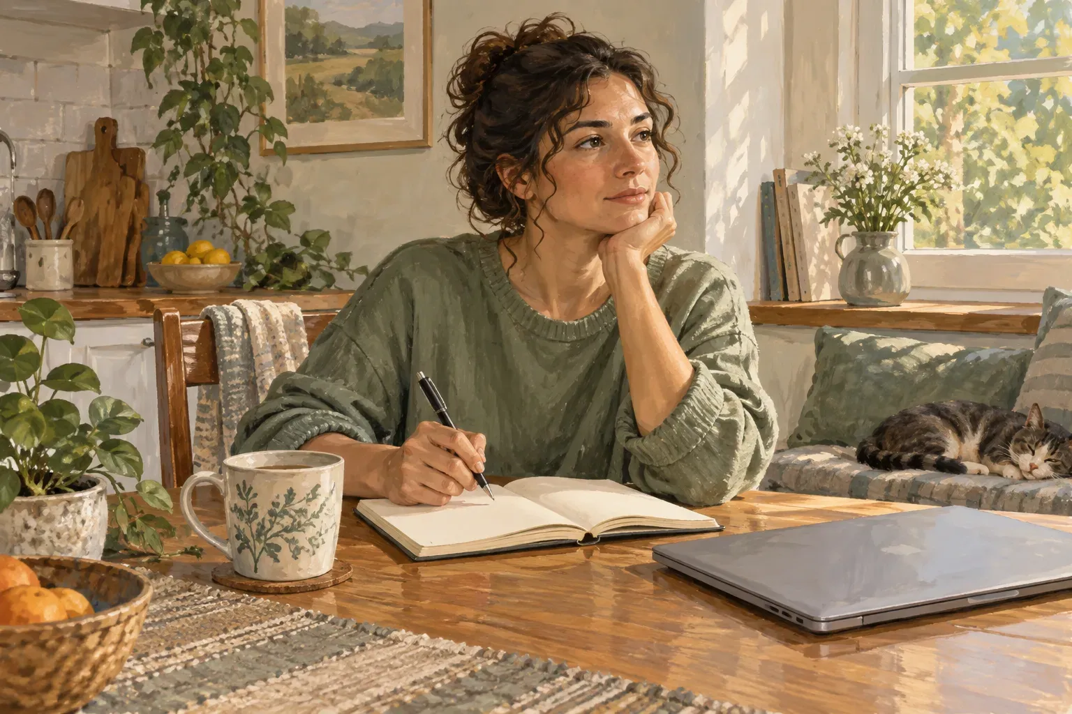 A person holding a pen over a blank notebook at a kitchen table, with a closed laptop nearby.