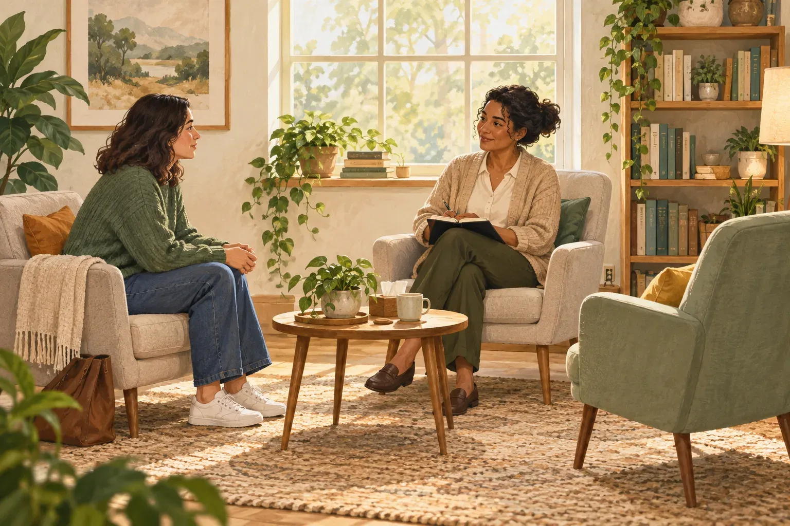 Illustration of a visitor talking with an attentive professional in a welcoming room.