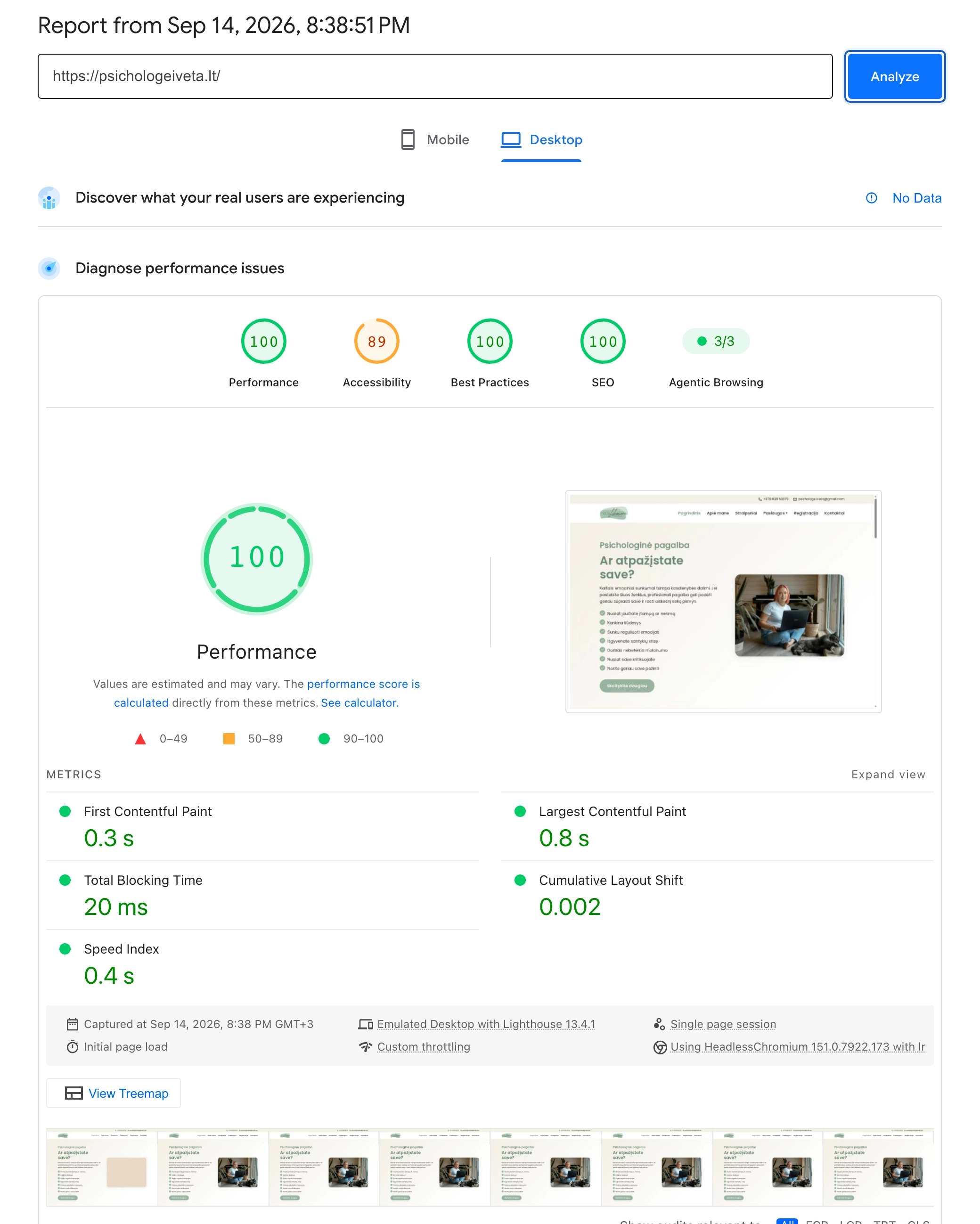 Google PageSpeed Insights kompiuterio režimo ataskaita: psichologeiveta.lt, našumas 100, LCP 0,8 sekundės
