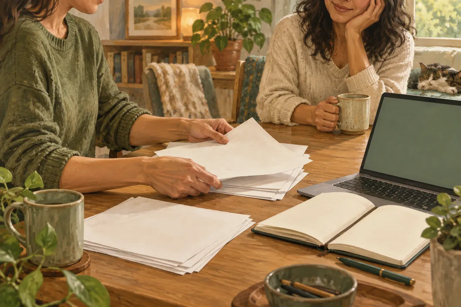 A person arranges blank papers beside a notebook and laptop while a supportive companion sits opposite.
