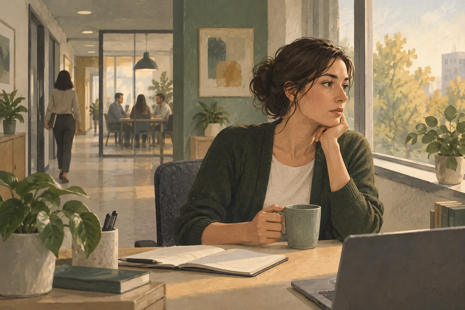 Illustration of a concerned worker pausing by an office window, with a meeting space in the distance.